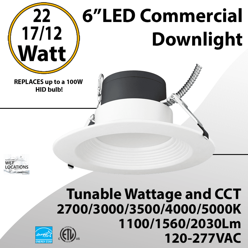 LED Commercial Downlight 6" 12/17/22W 2030Lm 100-277V 27/30/35/40/50K