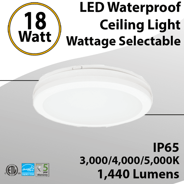 CCT Selectable 18W Waterproof LED Ceiling Light 1440lm 3000/4000/5000K