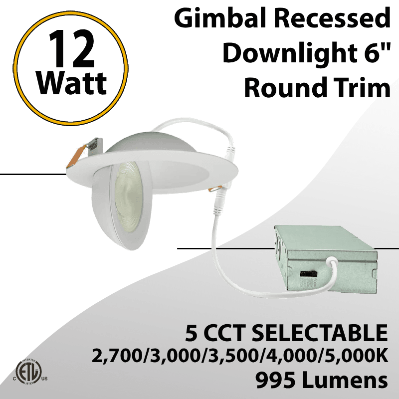 LED Gimbal Recessed Downlight 6" 12W 2700K to 5000K Triac Dimmable