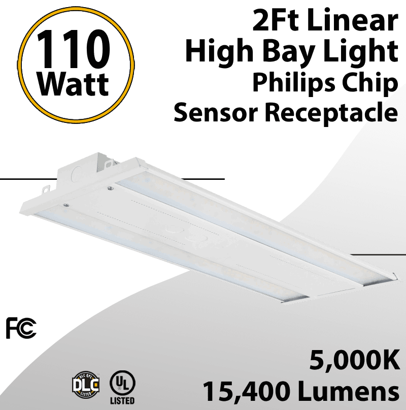 Linear High Bay 2Ft. Philips Chip 110W 15400Lm 50K Sensor Receptacle