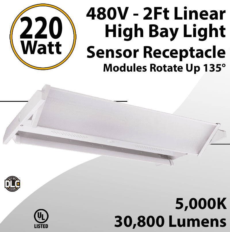 Linear High Bay 2ft 220W Sensor Receptacle Modules Rotate Up 135° 480V