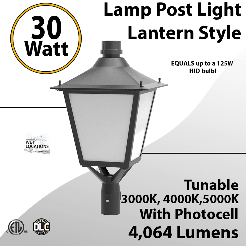 LED Post Light 30W LED Lantern Style 4064Lm 3000K 4000K 5000K Photocell