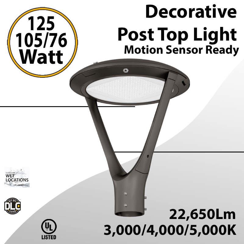 Decorative Post Top Light 125/105/76W 22650LM 3CCT Photocell M.Sensor