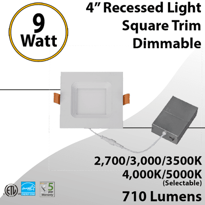Recessed LED Light Fixture - 4" 9W Square Trim CCT Triac Dimmable