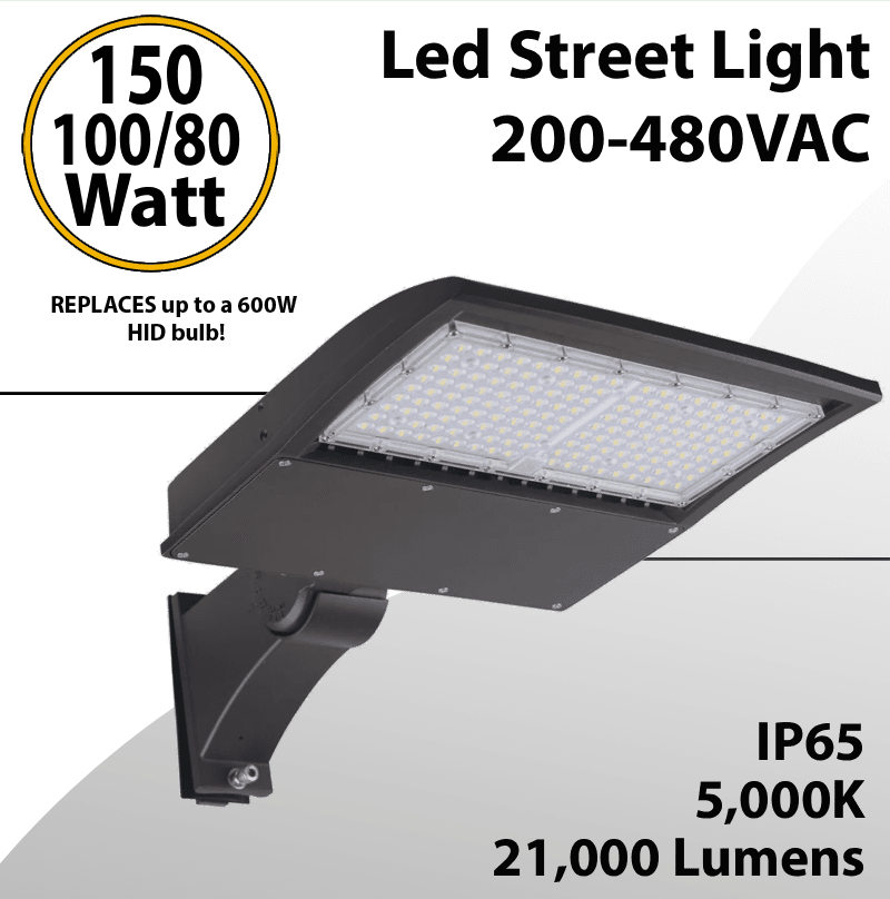 LED Street Light Fixture 150/100/80W 200-480VAC 21000Lm 5000K