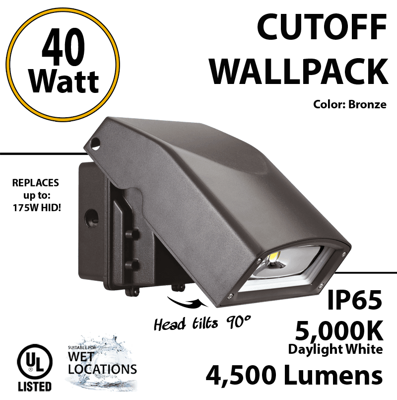 40W Full Cut-Off LED Wall Pack Fixture: 4500Lm 5000K IP65