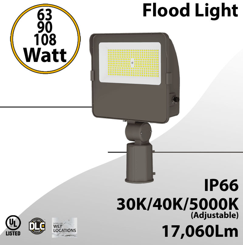 LED Flood light Slipfitter 63W 90W 108W 17060Lm 30K 40K 5000K Photocell