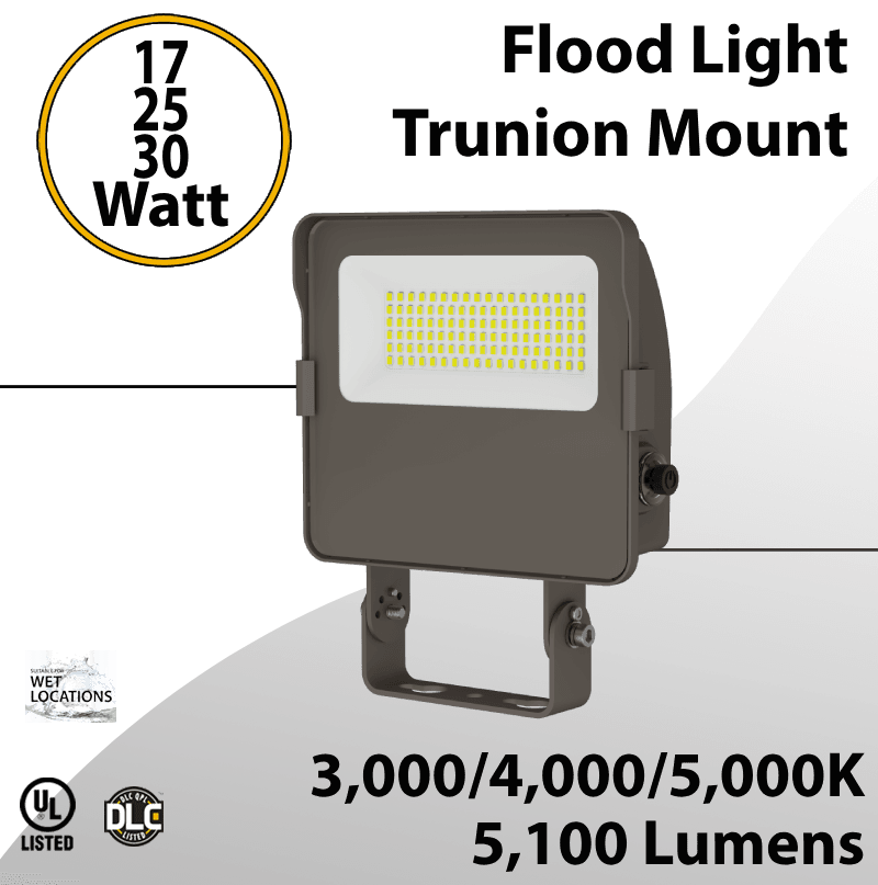 LED Flood Light Trunion 17W 25W 30W 5100Lm 30K 40K 50K Photocell