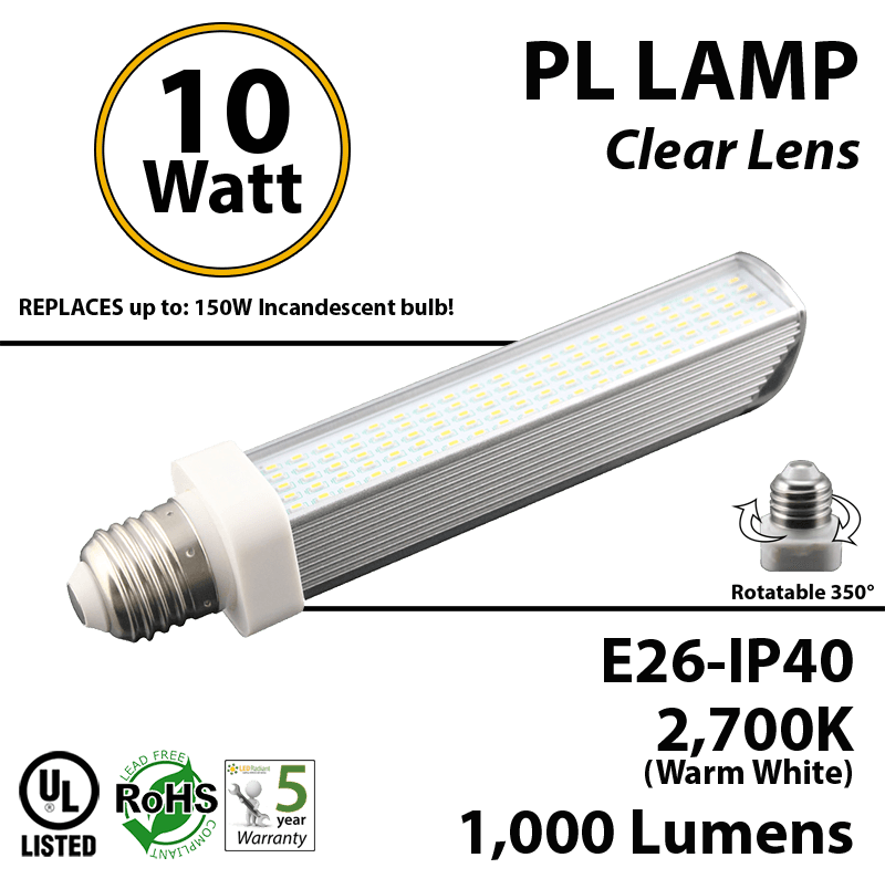 10W PL LED Bulb lamp 1000Lm 2700K Edison IP40 UL. Direct Line (Remove Ballast)
