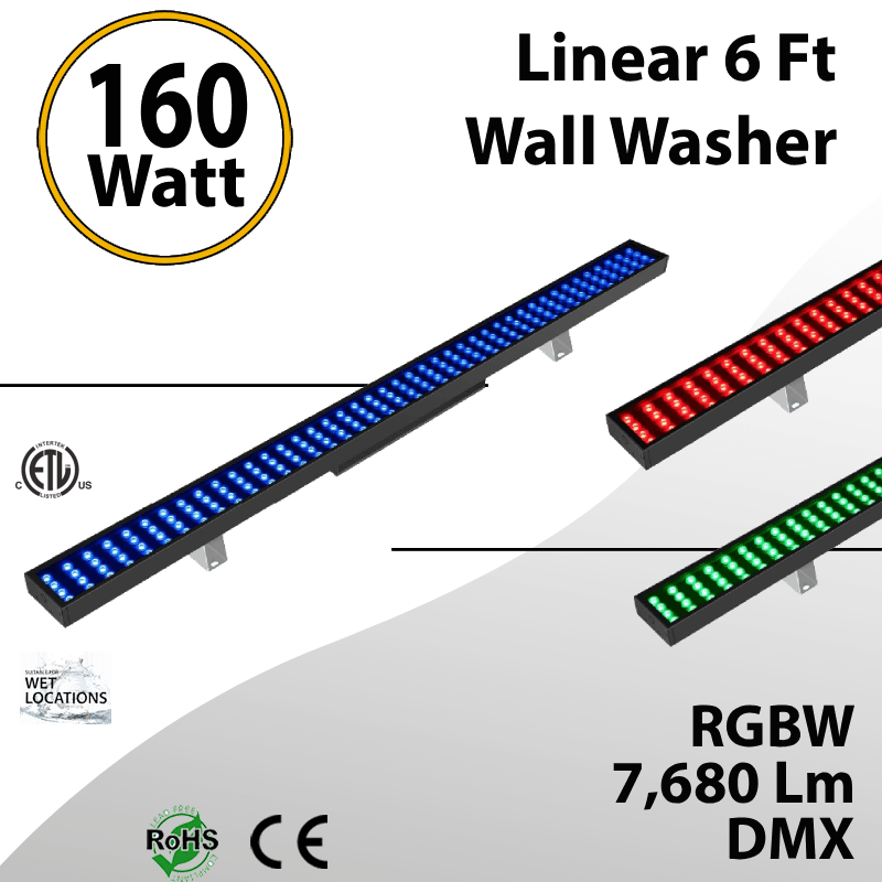 Linear 6 Ft Wall Washer RGBW 160W 7680Lm IP67 DMX – Waterproof
