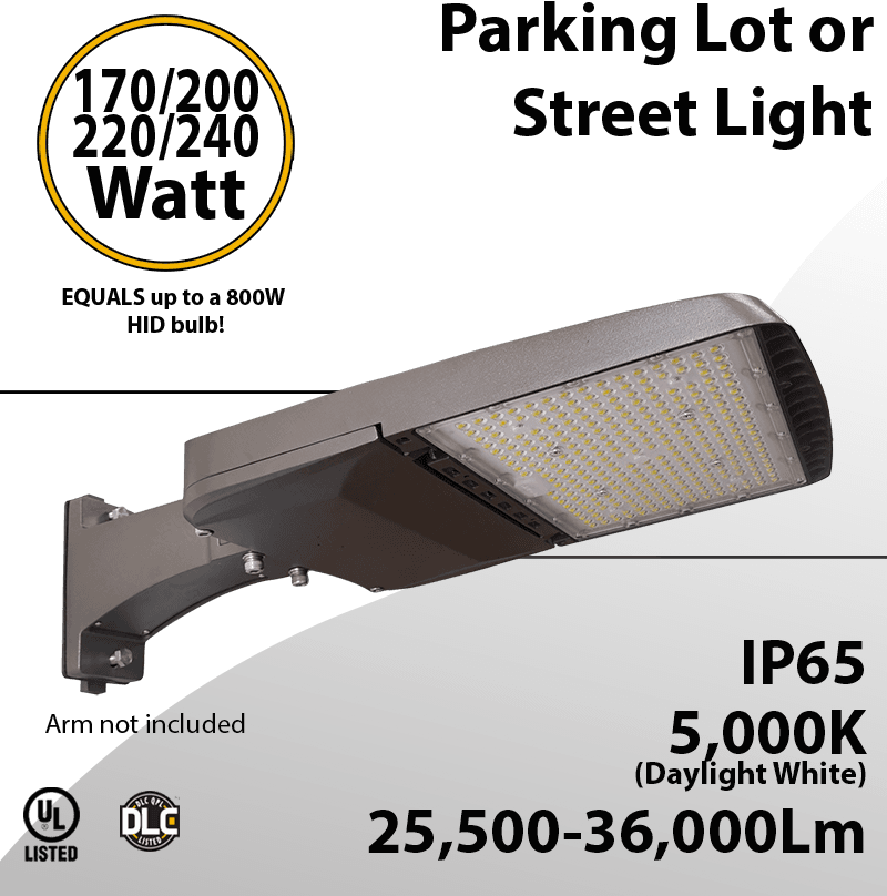 LED Street Light 170/200/220/240W up to 36000Lm 5000K UL IP65 DLC