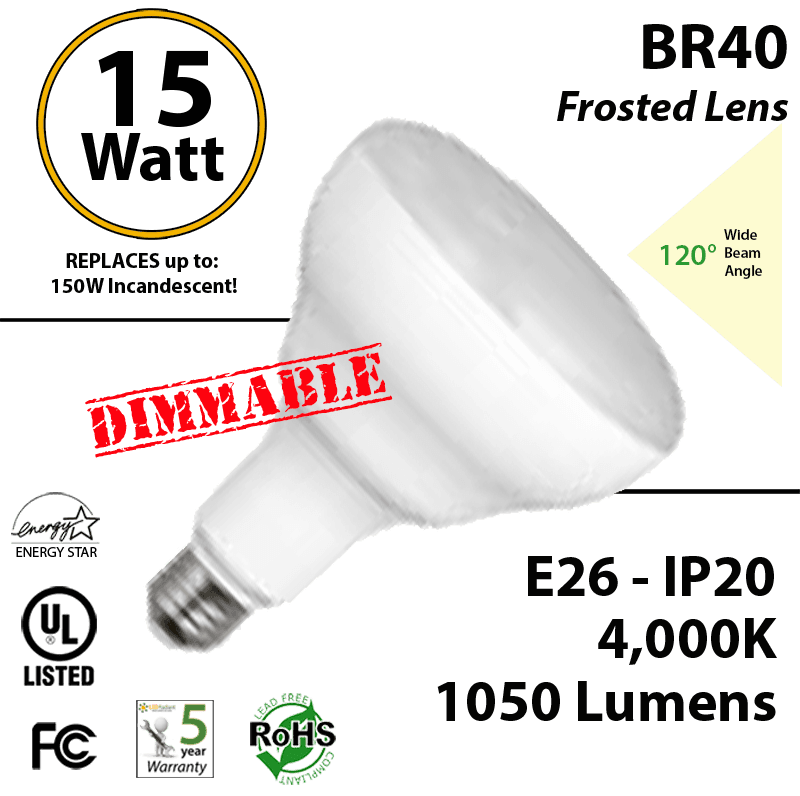 BR40 15W 1,000Lm Dimmable Frosted Lens Wide Angle 4,000K, UL & Energy Star