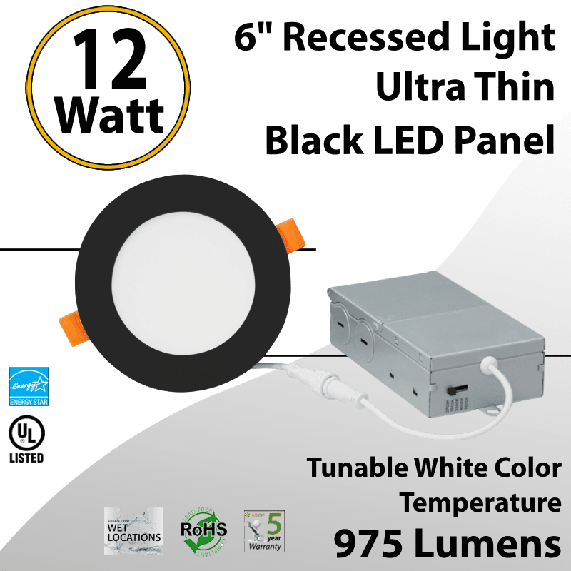 Recessed Lighting Ultra Thin LED Panel Black Trim 6" 12W Switchable CCT