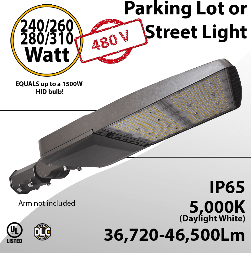 LED Street Light 240/260/280/310W up to 46,500Lm 5000K 480v