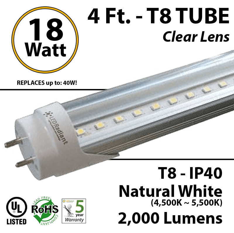18W, 4Ft, LED T8 Tube, 2000Lm, 4500-5000K, Clear, IP40 UL