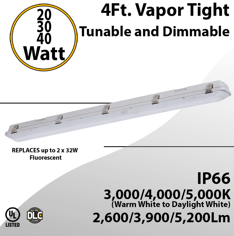 LED Vapor Tight Fixture 20/30/40W 5200Lm 3000 4000 5000K Dimmable