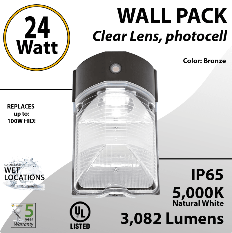LED Wall Pack light 24W 3082Lm 5000K IP65 UL W/Photocell