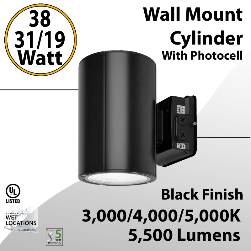 LED Wall Mount Cylinder Light 19/31/38W 3CCT 5500Lm Photocell Black Finish