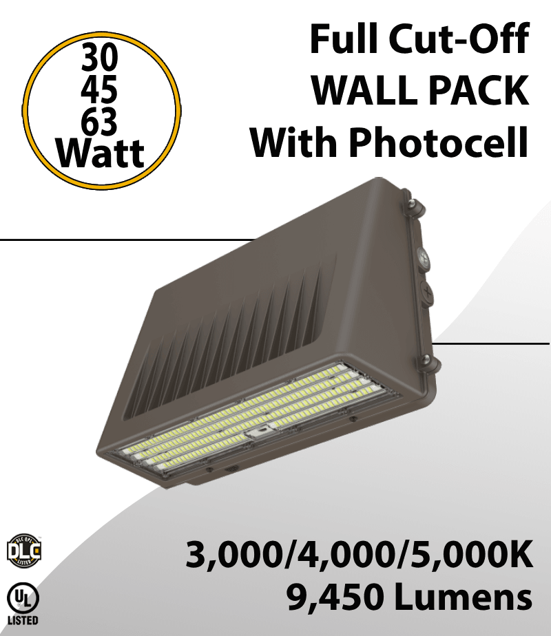 Full cut-off LED Wall Pack 30/45/63W 3000K/4000K/5000K w/Photocell