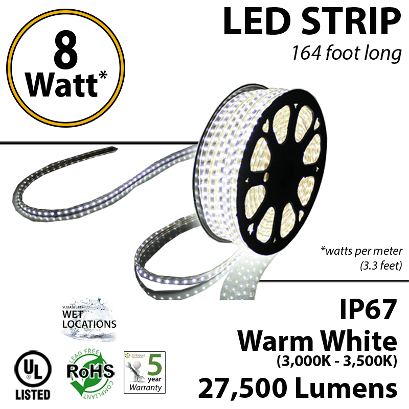 8W p/meter (2.4W p/feet) LED STRIP 50 Meters (164 ft) Warm white (3,000K-3,500K) 70 Lumens p/watt