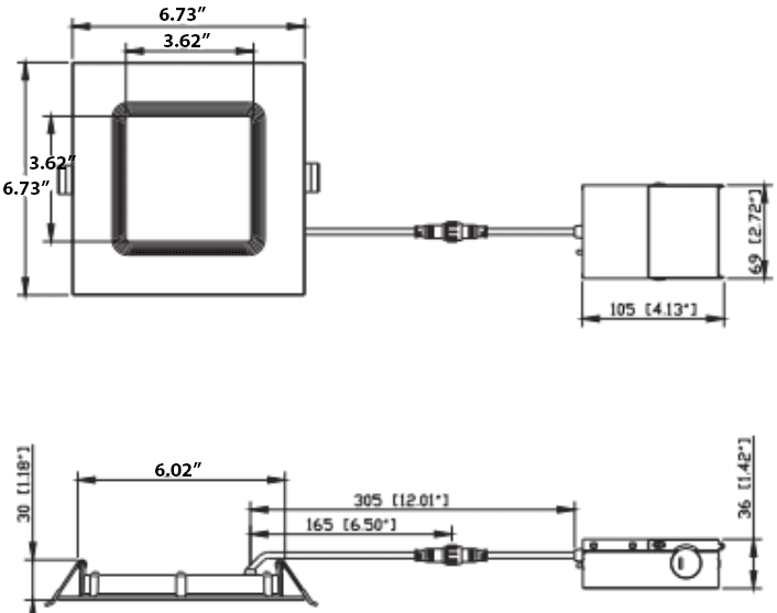 Recessed LED Light: 6 Inch 12W Square Trim 5 Dimmable Tunable CCT drawing