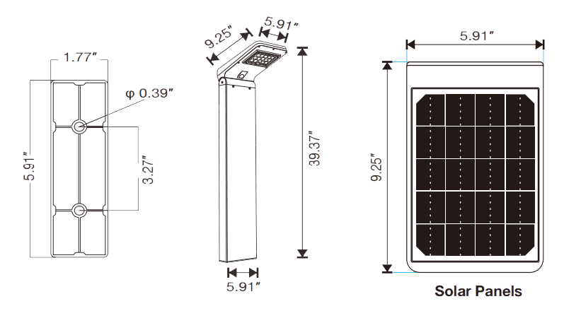 Solar LED Bollard Garden Path Lights 5W Square+DC Controller drawing