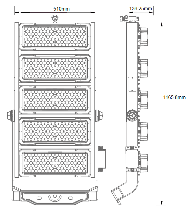 1250W LED Floodlight 168438 Lm 5000K IP66 CE UL 200-480VAC drawing