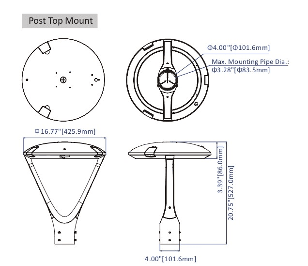 Decorative Post Top Light 125/105/76W 22650LM 3CCT Photocell M.Sensor drawing