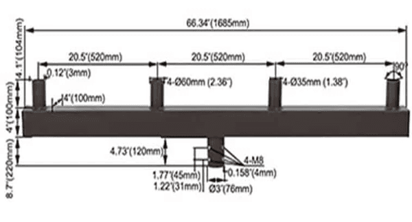4-Fixture 180° Bullhorn Mount, 2 3/8 Inch Bronze Tenon, Low Profile drawing