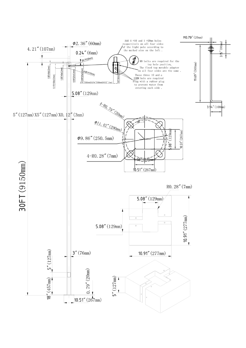 Hurricane Resistant Square Steel Pole Anchor Base 30Ft x 5.0" 7G Thick drawing
