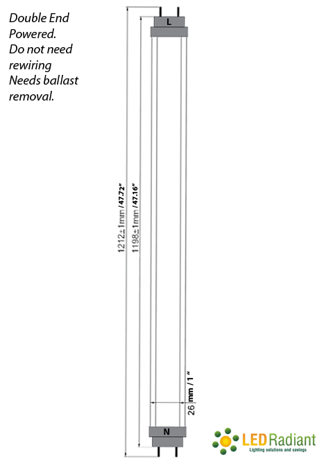 LED Tube Light 22W 4ft 2900Lm, 6500K Clear IP40 UL 2 end power drawing