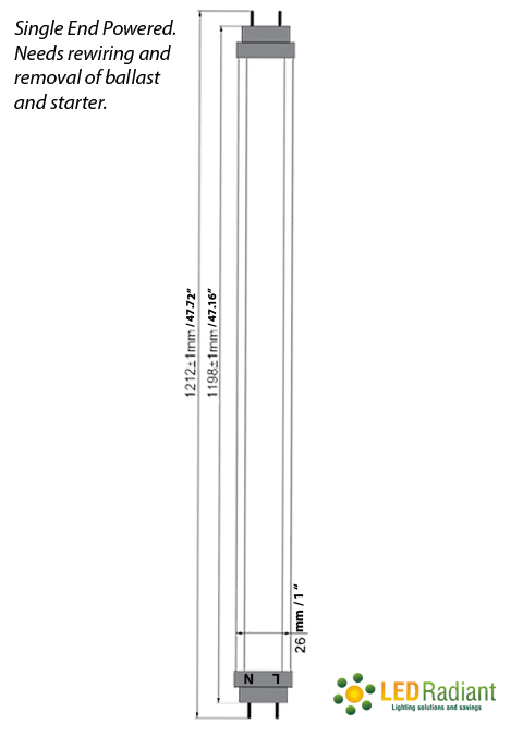 18W, 4Ft, LED T8 Tube, 2000Lm, 4500-5000K, Clear, IP40 UL drawing