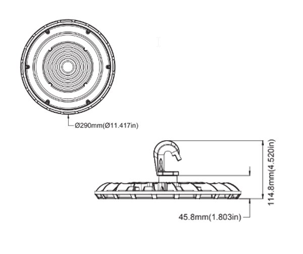 Industrial UFO High Bay LED Light 150W 17400Lm CCT 5000K 120V drawing