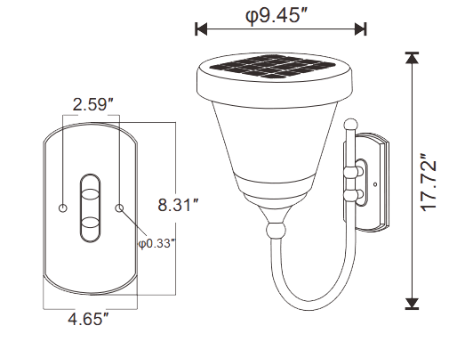 Solar Wall Lantern, Wall Mount Smart Light Control 5W 560Lm drawing