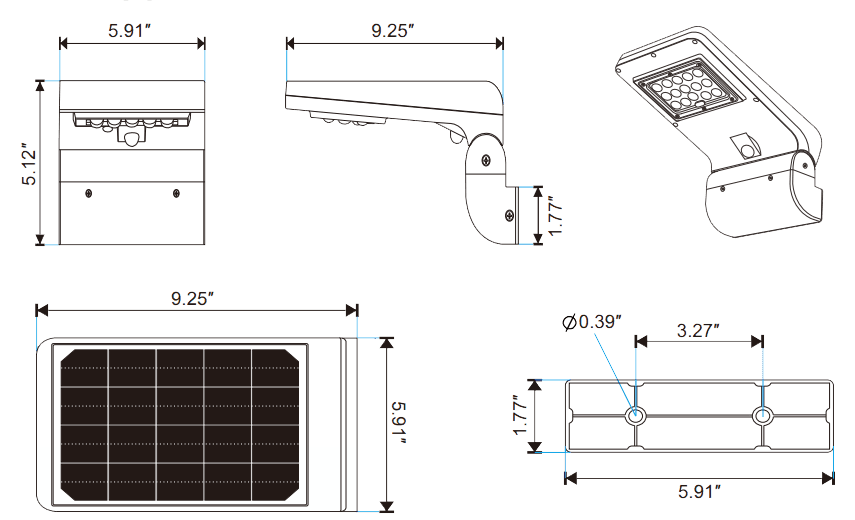 Solar Wall Pack, Wall Mount Smart Light Control 5W 560Lm Square drawing