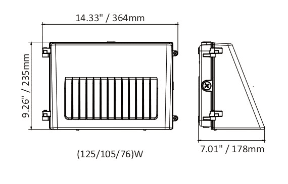 Full cut-off LED Wall Pack 76/105/125W 3000K/4000K/5000K w/Photocell drawing