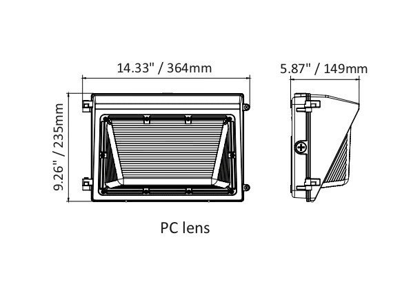 LED Wall Pack PC Lens 63/90/108W 3000K/4000K/5000K w/Photocell drawing