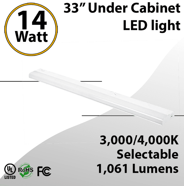 Under-Cabinet LED Light: 33" Cabinet Mountable, CCT 3/4000K, 14W 1060lm