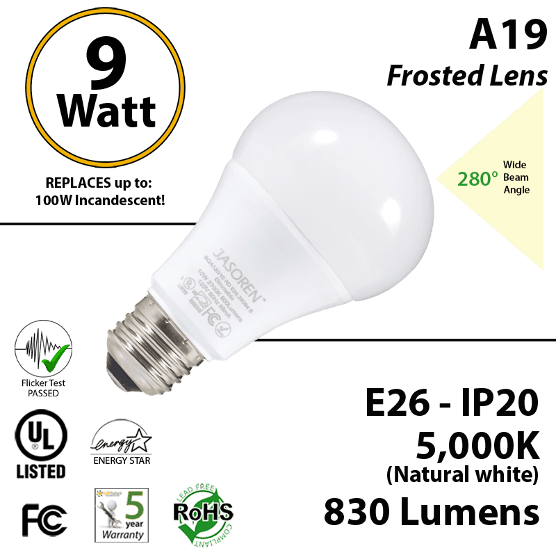 A19 9W 5000K 830 Lm E26 Non- Dimmable Frosted