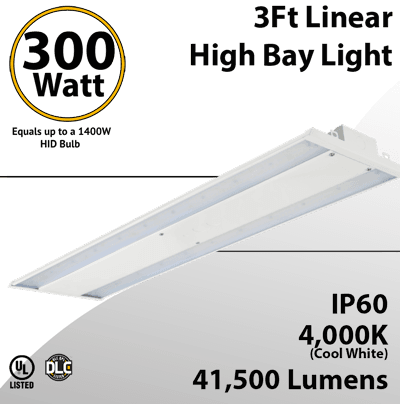 300W LED High Bay Light 41500 Lm, 3ft, 4000K | Warehouse Lighting