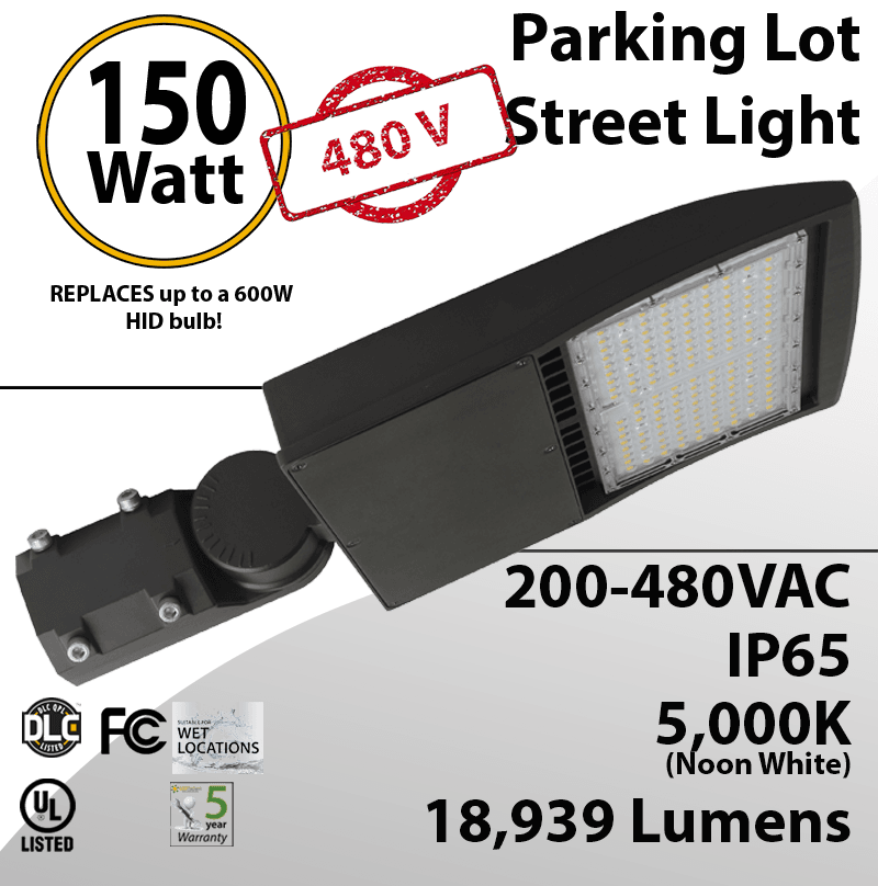 480V LED Pole Lights 150W 18939Lm 5000K UL IP67 DLC
