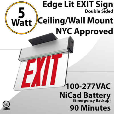 NYC Approved Red LED Exit Sign Light 90-Min Emergency Dual Voltage