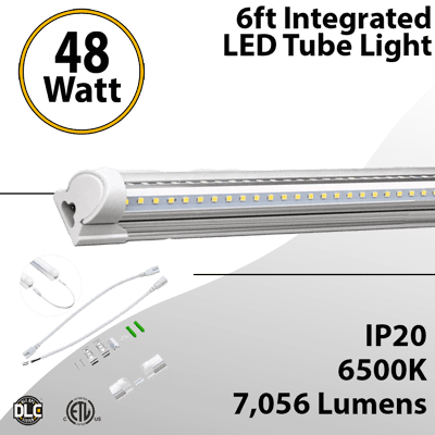 6Ft 48W Integrated LED Tube Light 6500K for Offices, Retail, and Homes