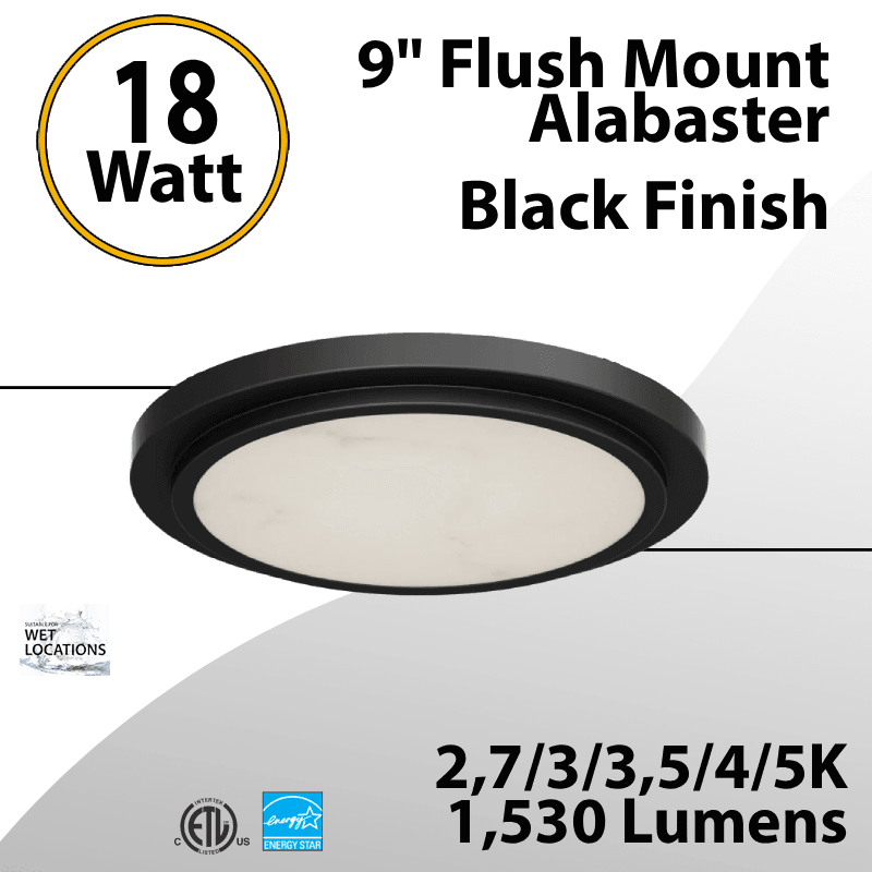 Flush Mount Alabaster 9" LED Ceiling Light, Black Finish 18W 1530Lm 5CCT
