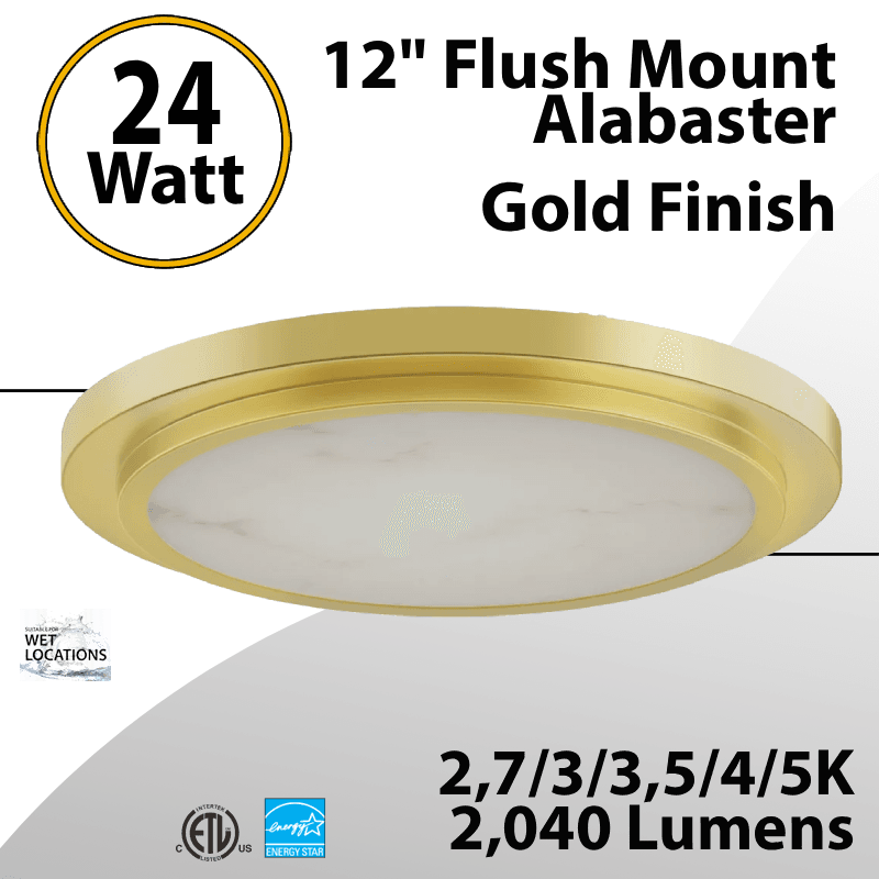 Flush Mount Alabaster 12" LED Ceiling Light, Gold Finish 24W 2040Lm 5CCT