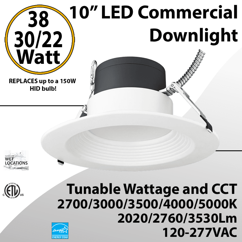 LED commercial down light 10inch 22/30/38W 3530lm 100-277V 27/30/35/40/50K Dimmable