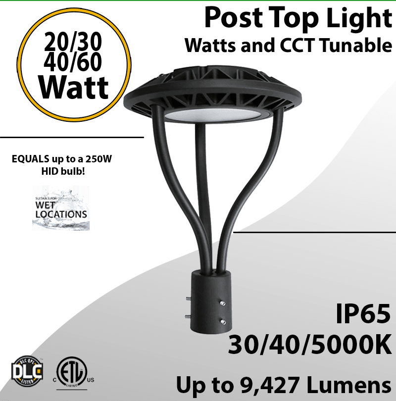 Post-Top Garden Light 20/30/40/60W 30K/40K/50K photocell