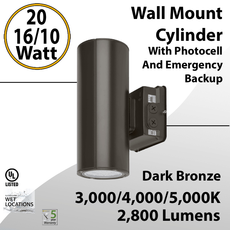 LED Wall Sconce Cylinder Light 20/16/10W 3CCT 2800Lm Photocell Emergency