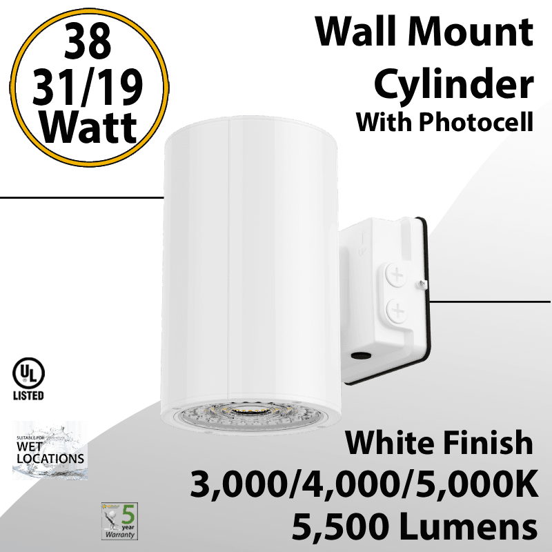 LED Wall Mount Cylinder Light 38/31/19W 3CCT 5500Lm Photocell White Finish