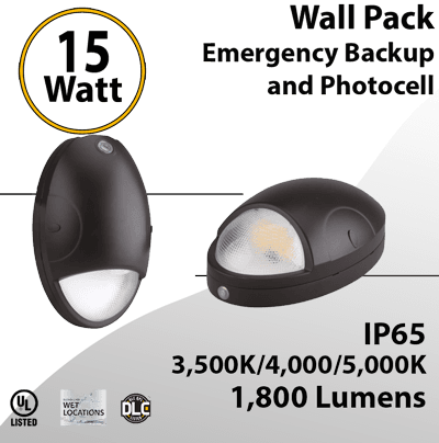 LED Emergency Wall Pack with Photocell & 90-Min Backup - 15W